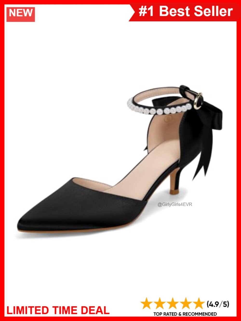 Kitten Heel Pearl Ankle Strap Bow Pumps Pointed Toe Satin Dress Shoes
